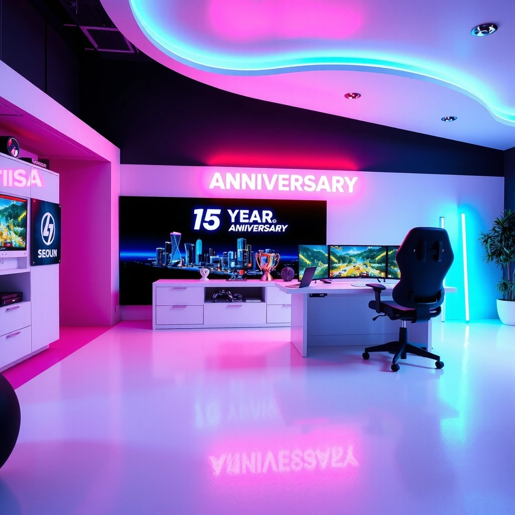 15-year anniversary celebration background with neon gaming aesthetic